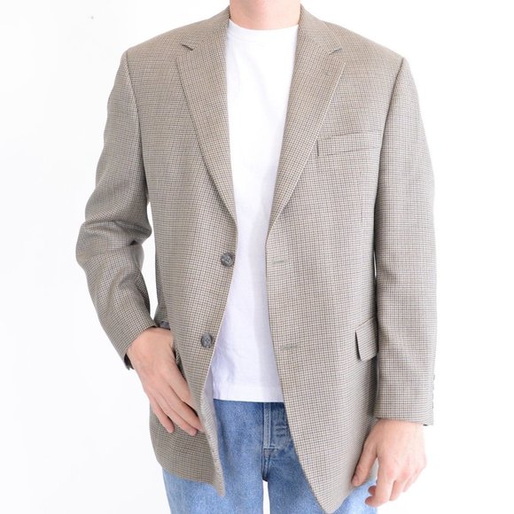 Andrew Fezza  Olive Houndstooth Silk & Wool Blazer Size 42R - Picture 1 of 15
